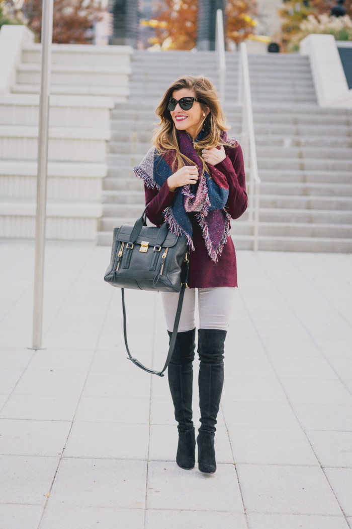 black suede over the knee boots grey pant and burgundy sweater winter outfit 32
