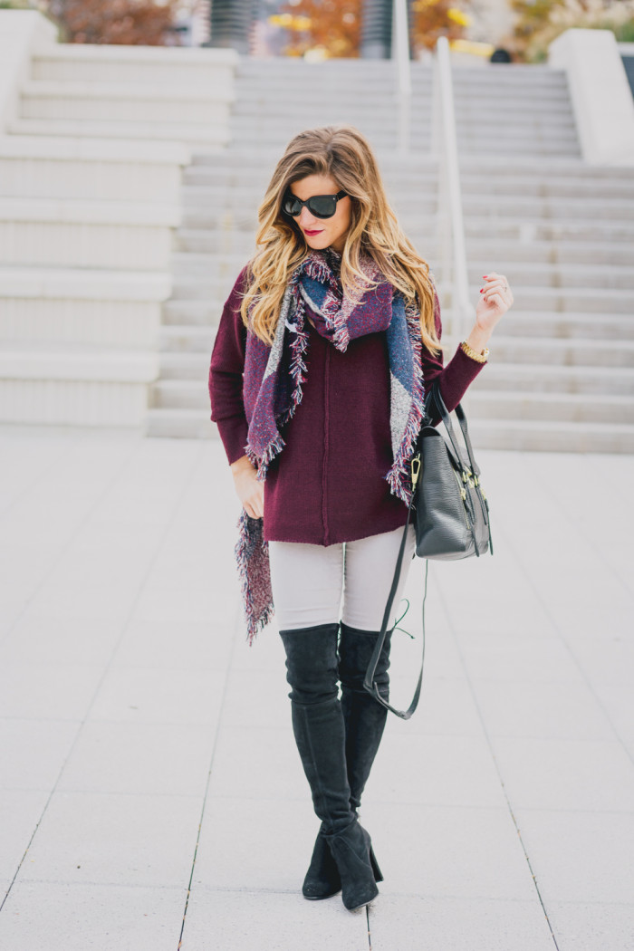 black suede over the knee boots grey pant and burgundy sweater winter outfit 6