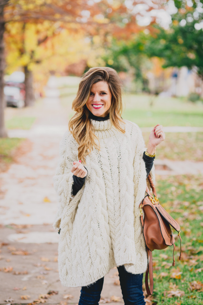 Comfy Fall Outfit: Chunky Cable Knit Poncho