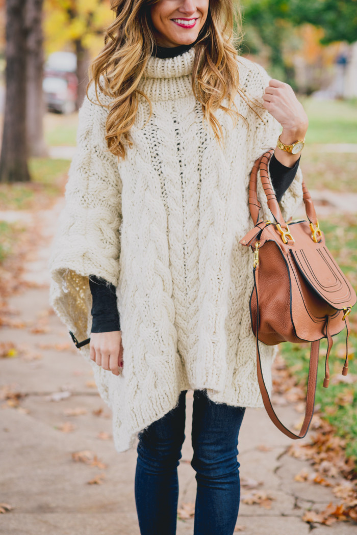 cable knit poncho, chloe marcie bag, jeans