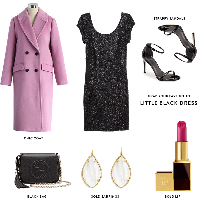 new years eve outfit idea featuring little black dress and blush pink coat