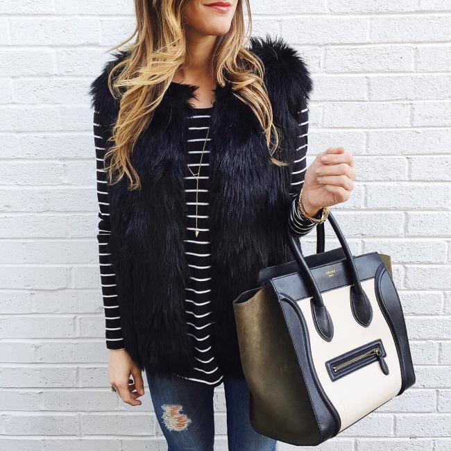 black white stripe long sleeve tee, black faux fur vest, celine bag winter outfit