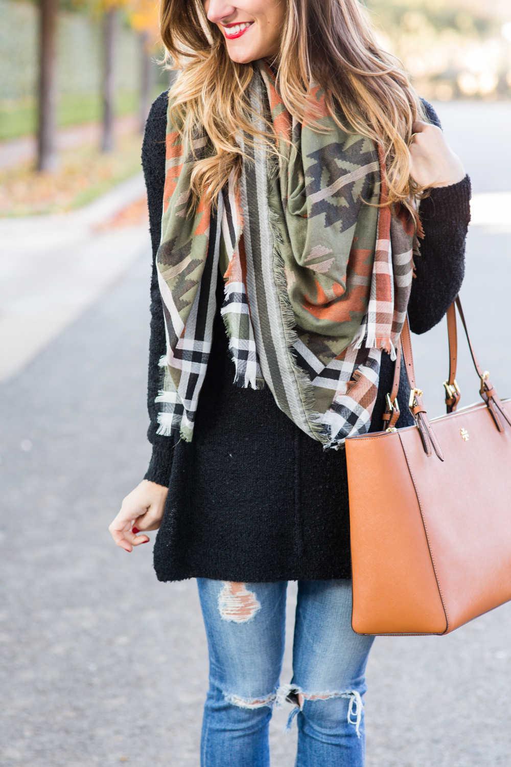 bp black tunic, southwestern blanket scarf, ripped ag skinny jeans, trolley booties, tan tory york tote, fall outfit brightontheday 