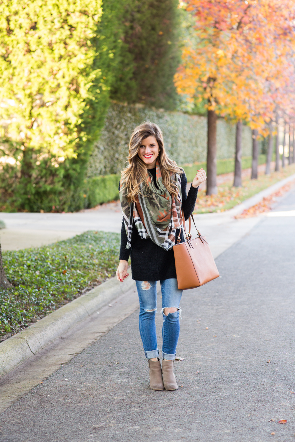 Scarf Outfit + Ripped Jeans + Ankle Booties