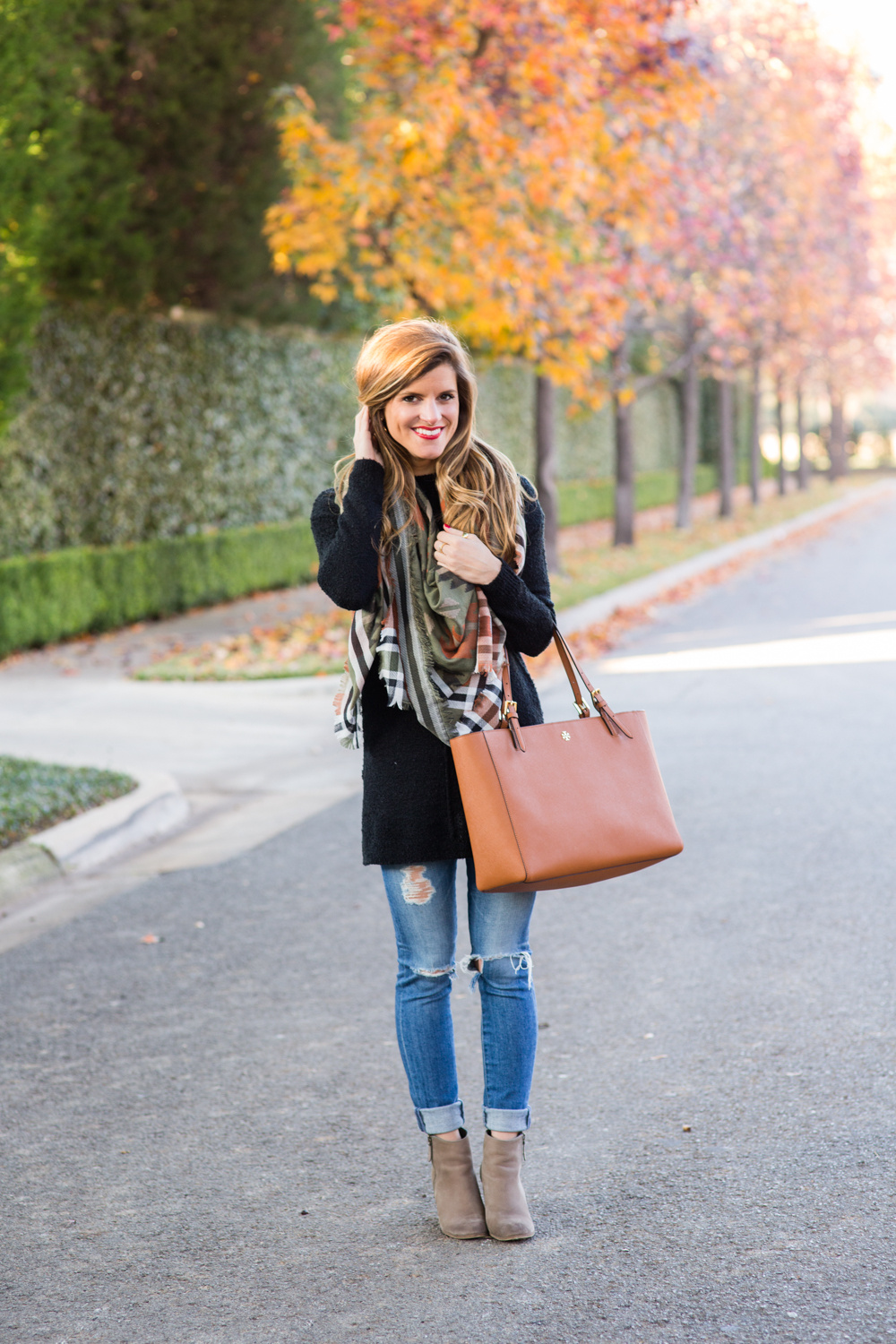 bp black tunic, southwestern blanket scarf, ripped ag skinny jeans, trolley booties, tory york tote, fall outfit brightontheday 7