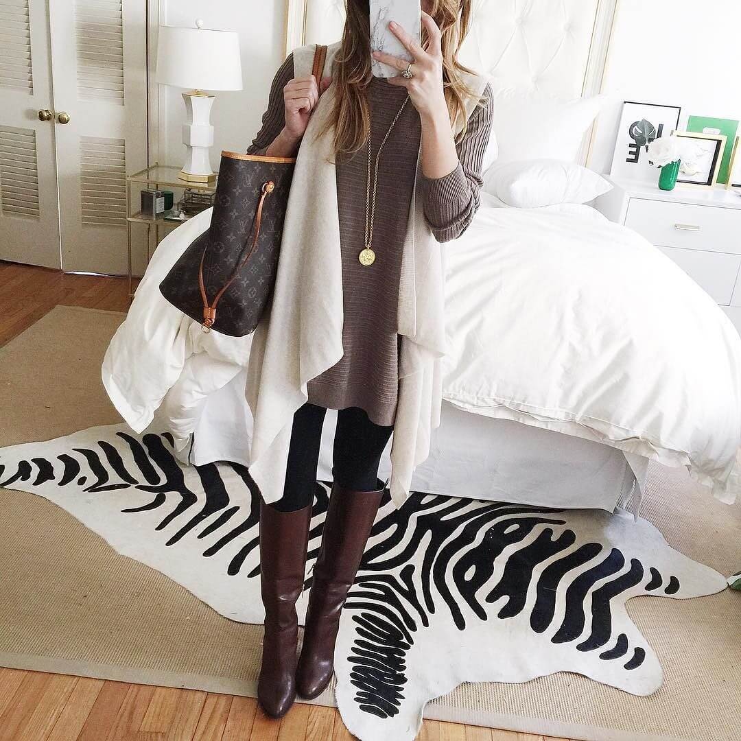 brightonkeller instagram january tunic sweater, leggings, tall brown boots, waterfall open front vest, gold pendant necklace winter outfit