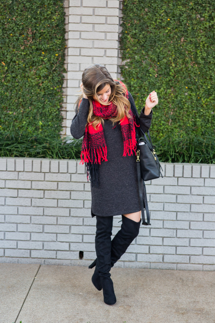 thigh high sweater dress and scarf