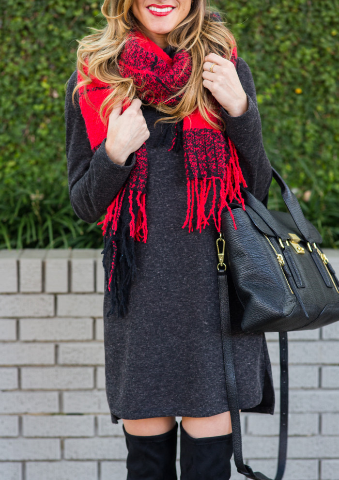 cowl neck sweater dress red plaid scarf over the knee boots