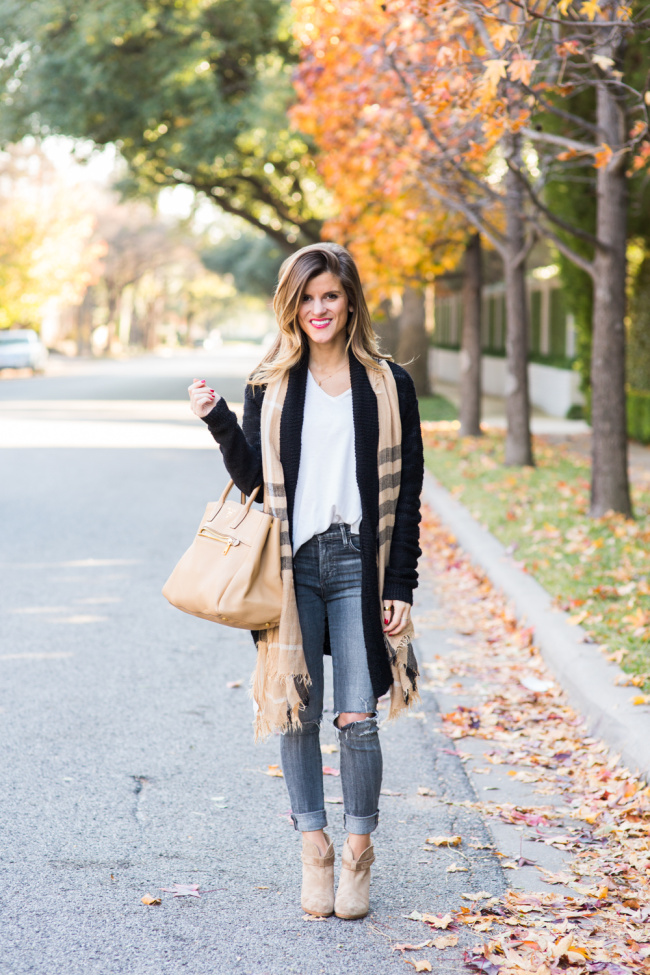 citizens of humanity grey jeans, cream v-neck sweater, long black cardigan, tan scarf, tan rag and bone booties
