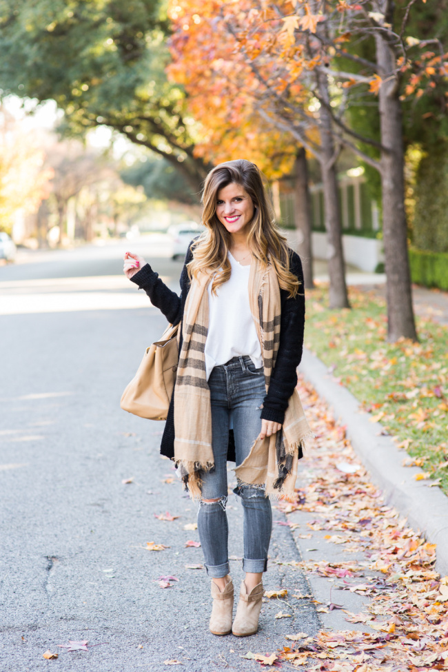ripped grey skinny jeans outfit cream sweater rag and bone harlow booties black cardigan
