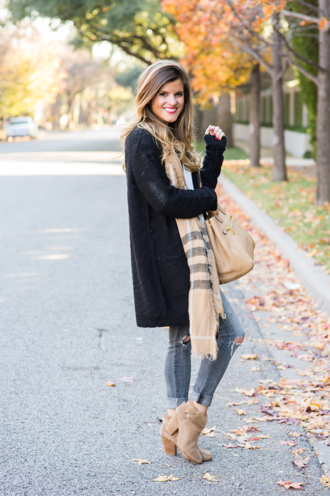long black cardigan, grey ripped jeans, brown ankle booties