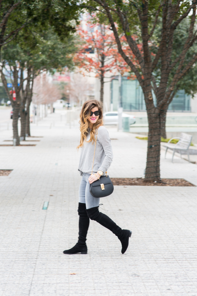 grey skinny jeans outfit, grey outfit ideas, over the knee boots outfit