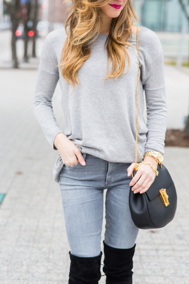 grey jeans outfit ideas, grey on grey outfit, chloe drew bag