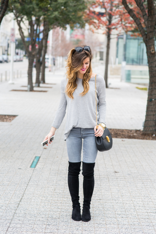 all grey outfit, over the knee boots, winter outfit ideas