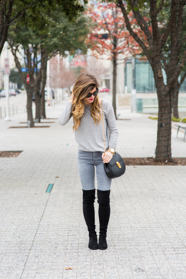 grey on grey, winter outfit, winter outfit ideas, chloe handbag, over the knee boots with jeans