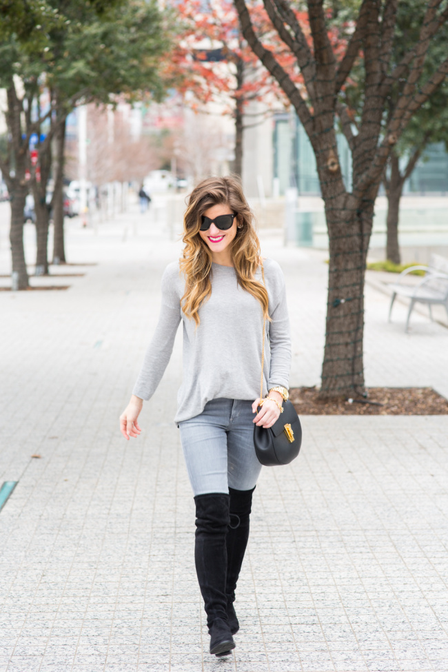gray on gray outfit, lowland over the knee boots, grey sweater, monochromatic outfit