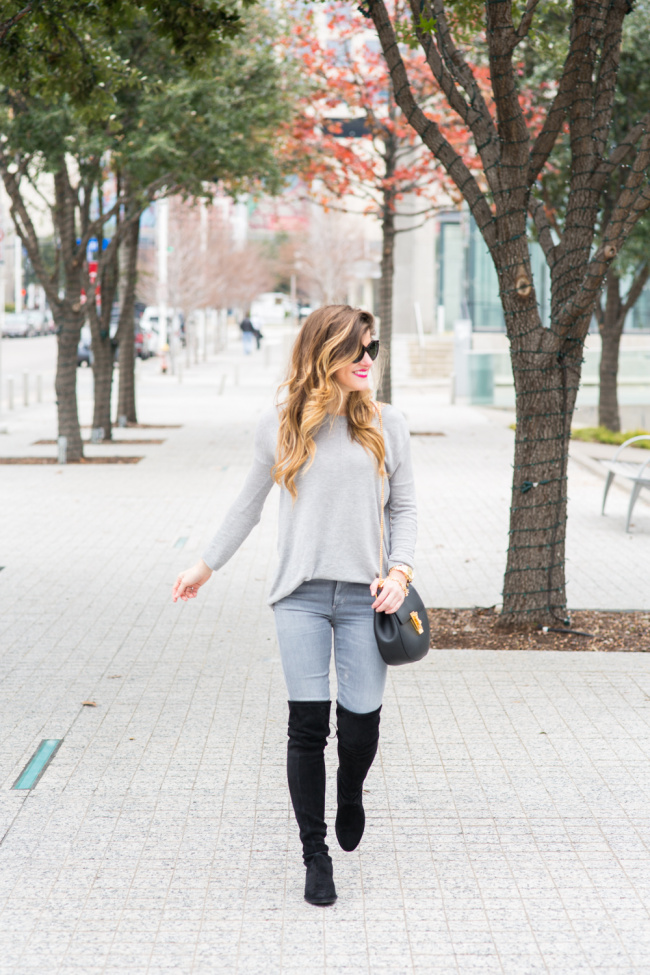 grey on grey outfit + lowland over the knee boots