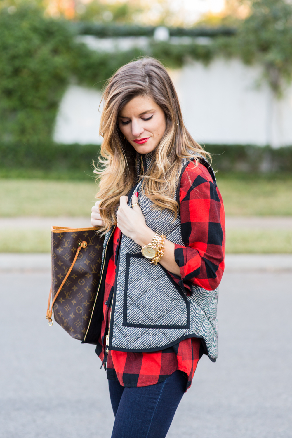 casual fall outfit, herringbone puffer vest, buffalo plaid, tory burch junction riding boots, fall outfit 8