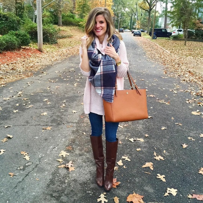 pink turtlenekc sweater, pink and navy plaid scarf, tall brown boots, tory burch york tote brightonkeller instagram outfit