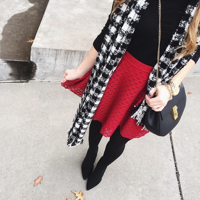 red mini skirt, black and white scarf, chloe medium drew bag, black tights brightonkeller instagram