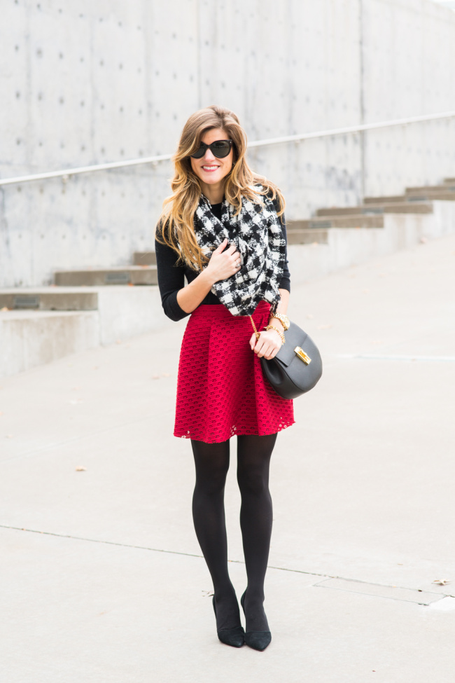 red skater skirt with tights black and white check scarf, chloe black drew cross body