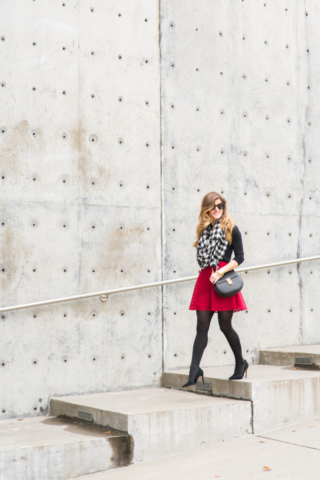 red skater skirt with tights black and white check scarf brightontheday winter outfit 5