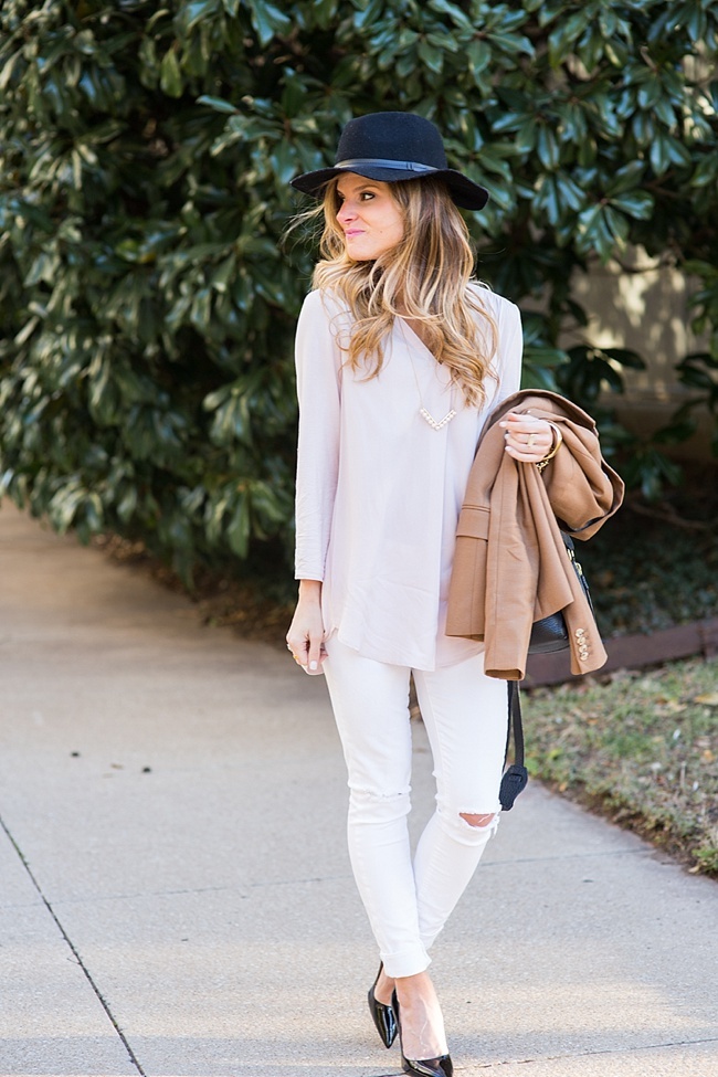 Brightontheday pairing blush shirt with white distressed jeans and tan regent blazer 