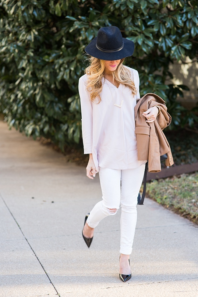 Brightontheday light pink blouse with distressed jeans and tan blazer outfit 
