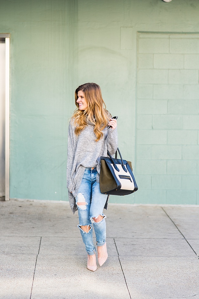brightontheday wearing oversized cowl neck sweater with blank nyc distressed jeans, blush pink suede pumps and celine luggage tote bag