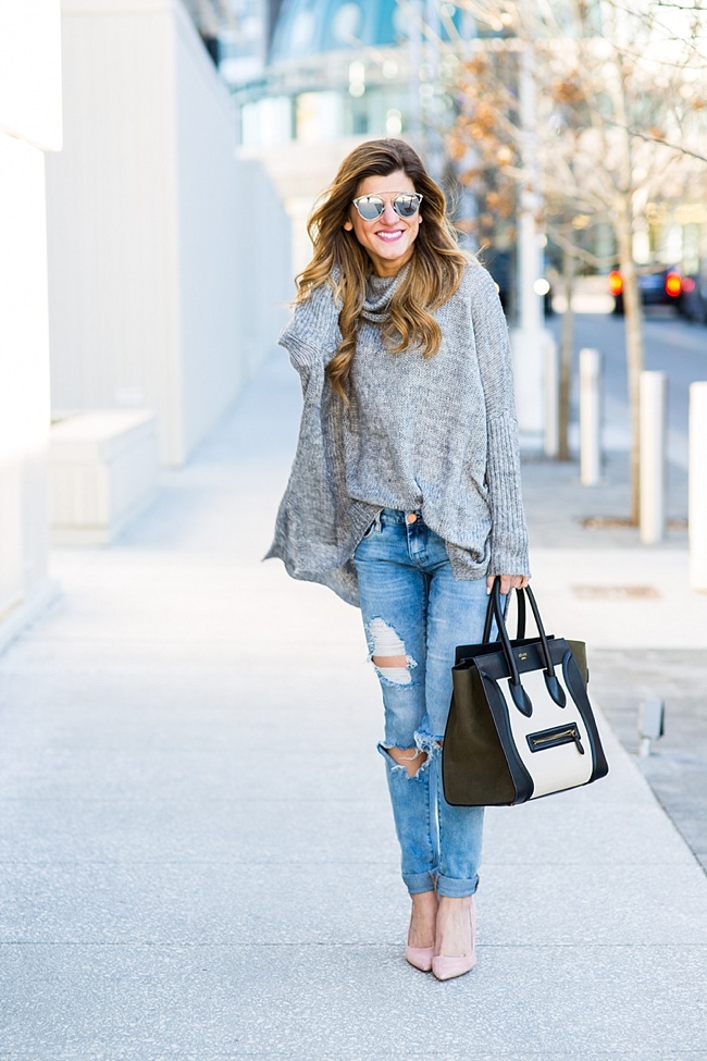brightontheday wearing oversized cowl neck sweater with blank nyc distressed jeans and blush pink suede pumps.