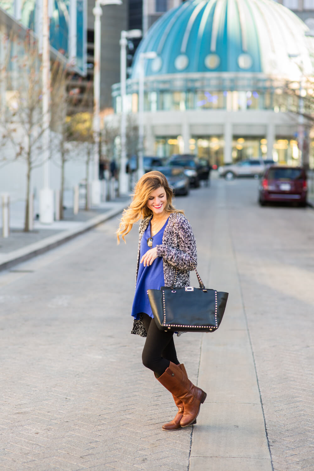 Cobalt Blue Sweater, Black leggings with brown boots