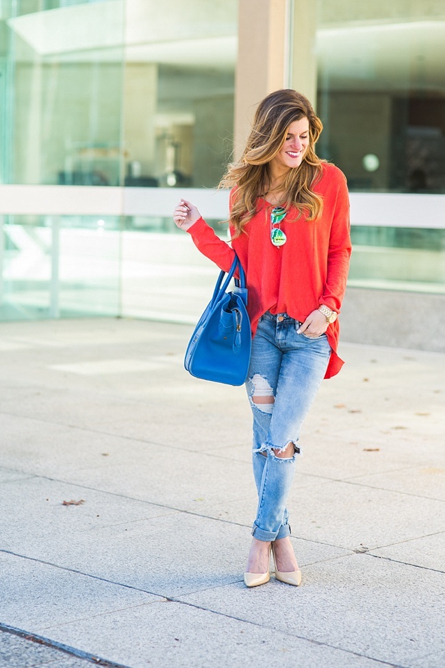 brightontheday wearing bright sweater, blank nyc ripped jeans, nude pumps, distressed denim outfit, bright colored sweater