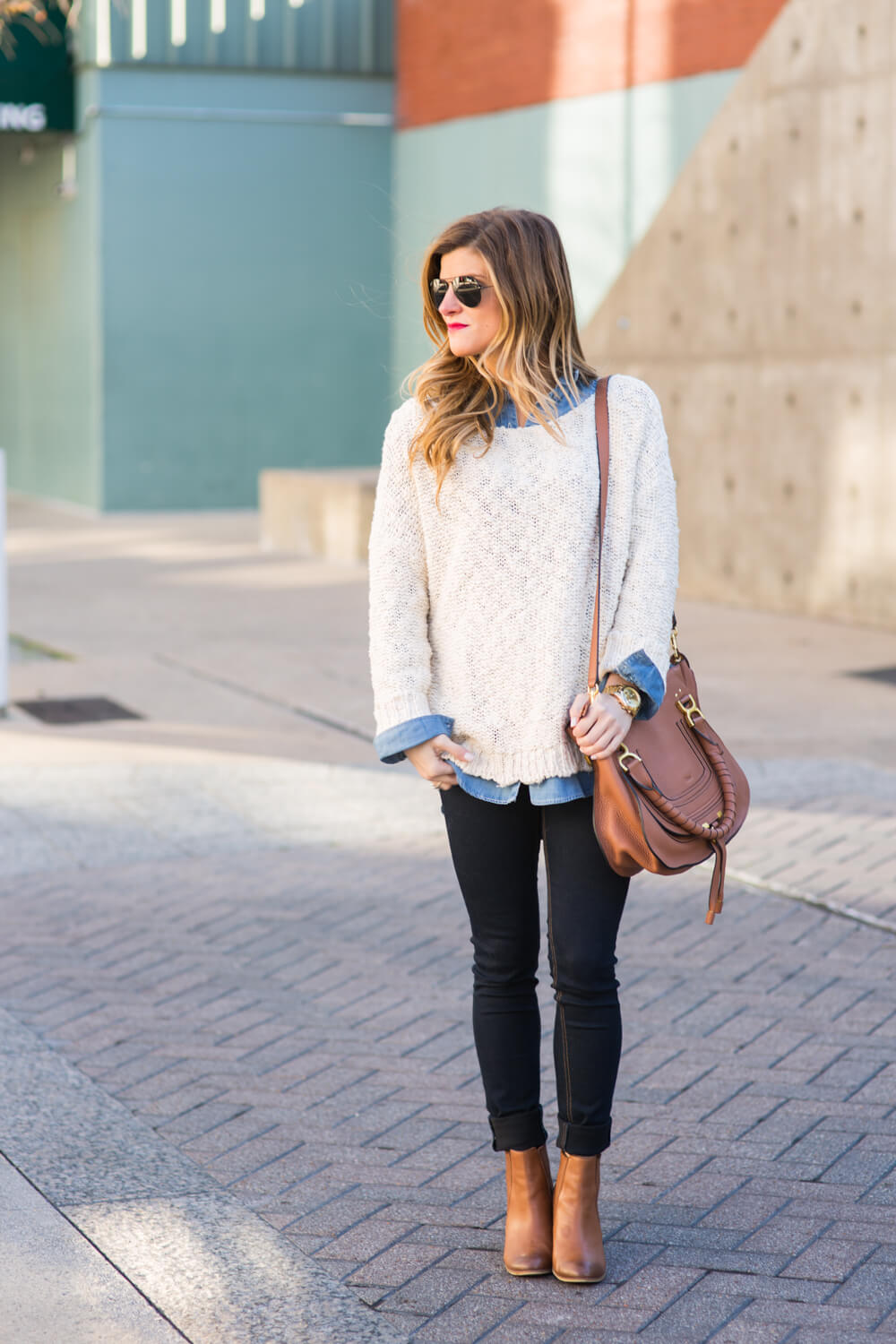 chambray button up + white sweater + cognac booties