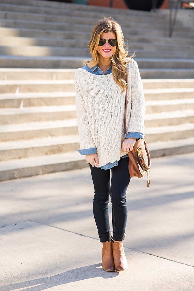 Brightontheday oversized sweater and chambray shirt outfit with brown booties 