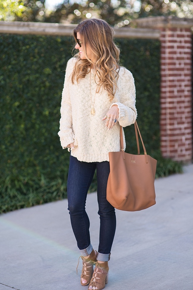 Brightontheday styling cognac tote with cream sweater and dark wash skinny jeans and peep toe sandals