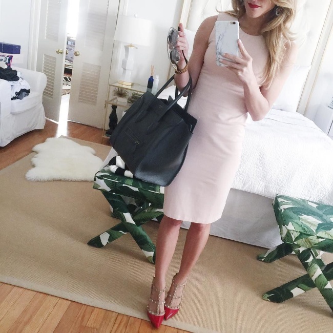 BrightonTheDay styling blush dress and red valentino pumps with celine handbag 
