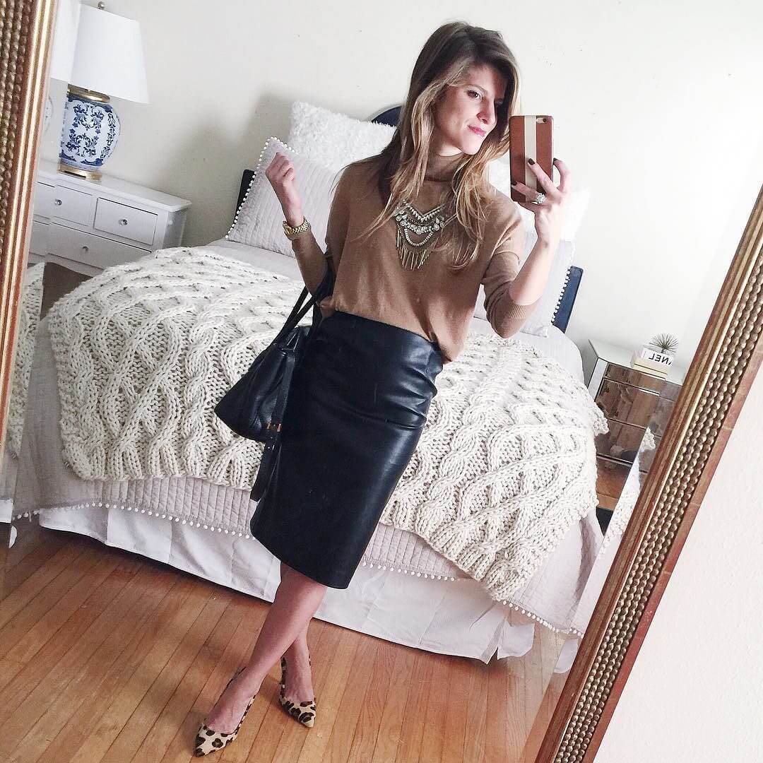 black leather pencil skirt outfit with an oversized sweater