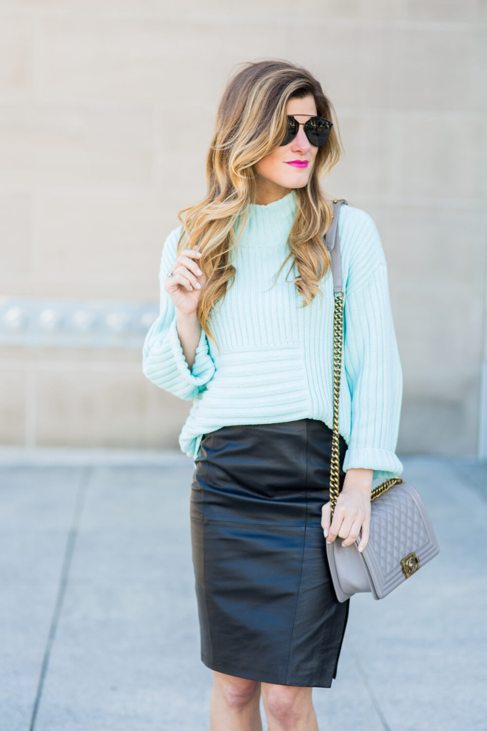 light blue sweater + leather pencil skirt + chanel bag
