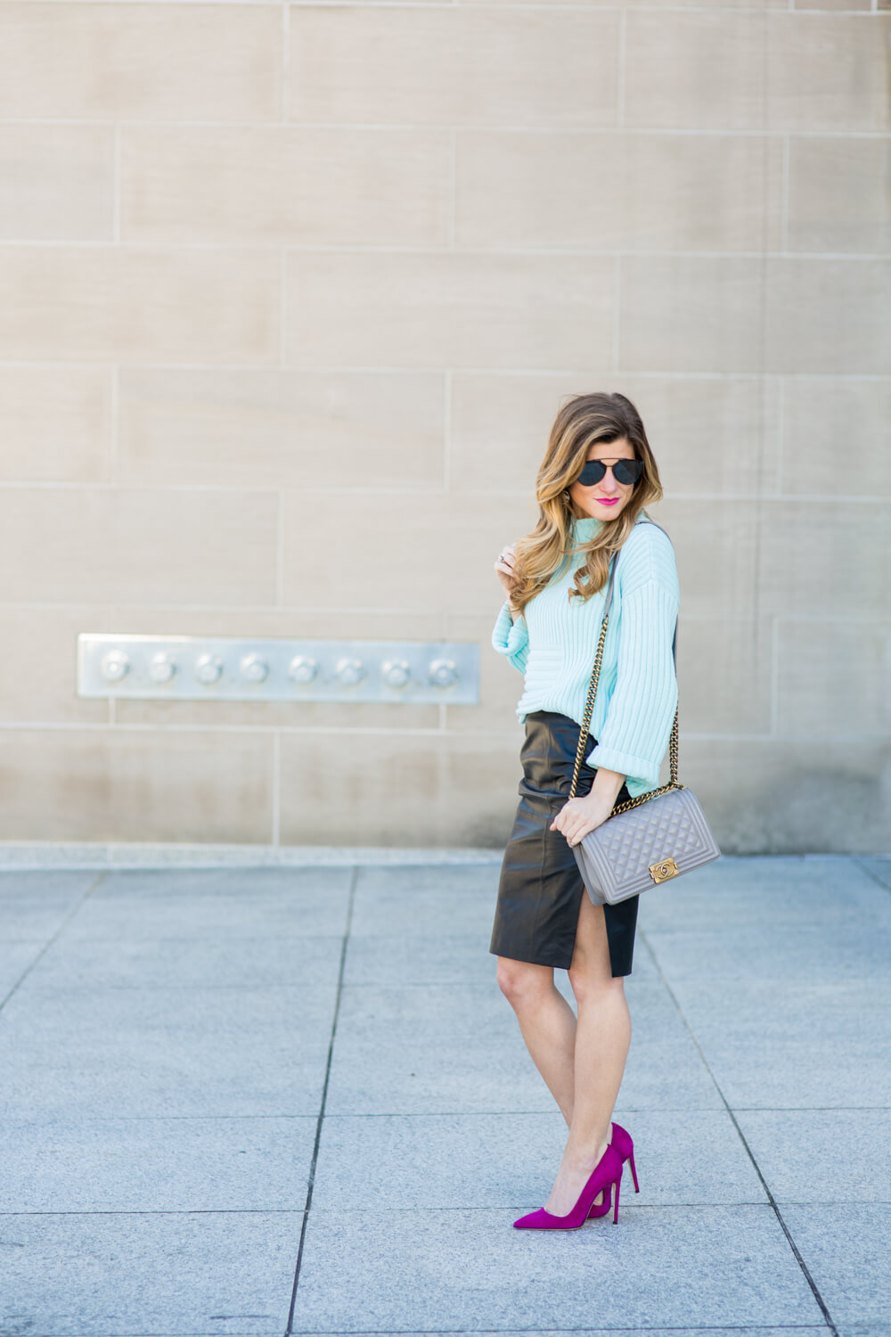 hot pink suede pumps with leather pencil skirt and teal sweater