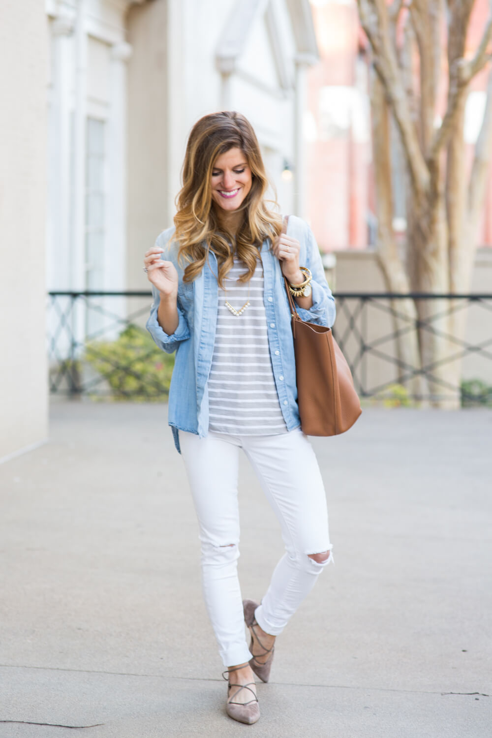 white jeans, neutral stripes, gigi new york tori tote cognac tote, stripes and white jeans, white jeans outfit, stuart weitzman taupe suede pointed toe flats, neutrals outfit, white jeans outfit, transitional style, chambray worn as jacket, chambray shirt outfit, how to wear a chambray shirt, denim shirt with striped tee