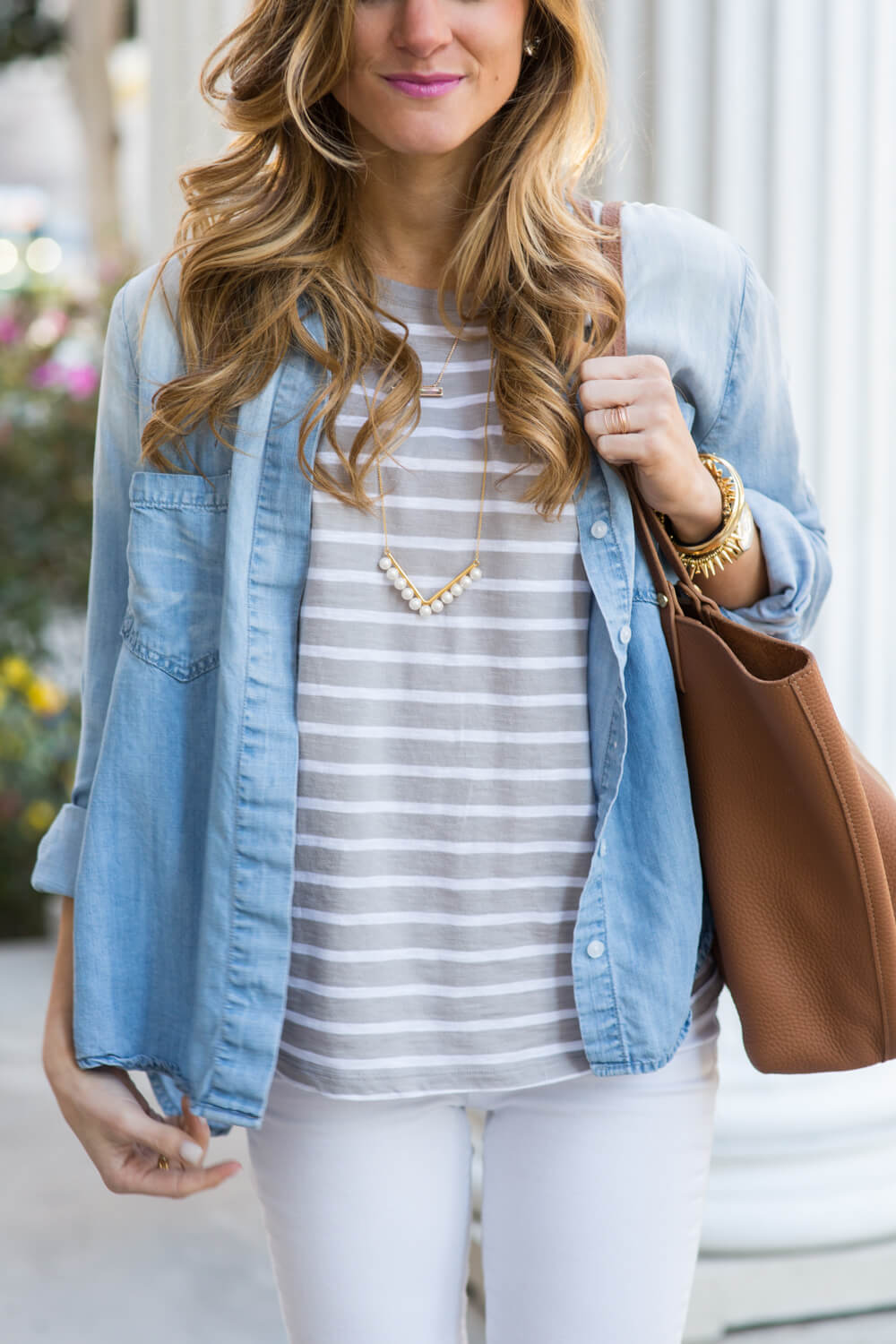 brightontheday detail shot of layered necklaces, taupe and white stripe tee, layered chambray with gigi ny leather tote