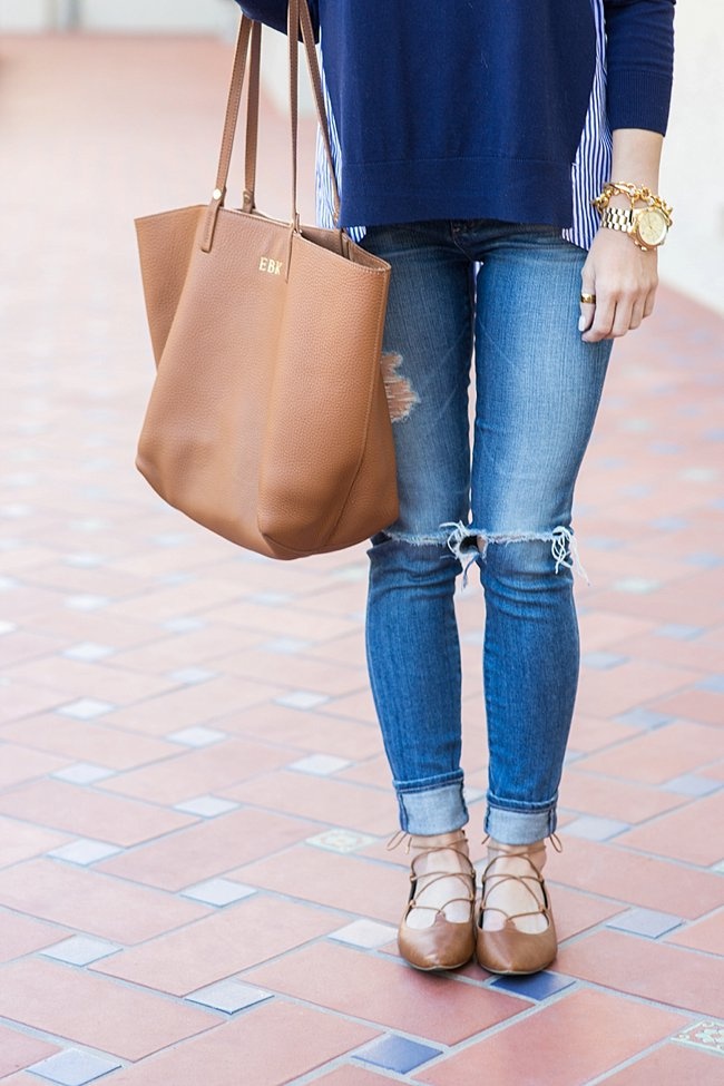 Brighton the day pairing light distressed denim with cognac tote and flats 
