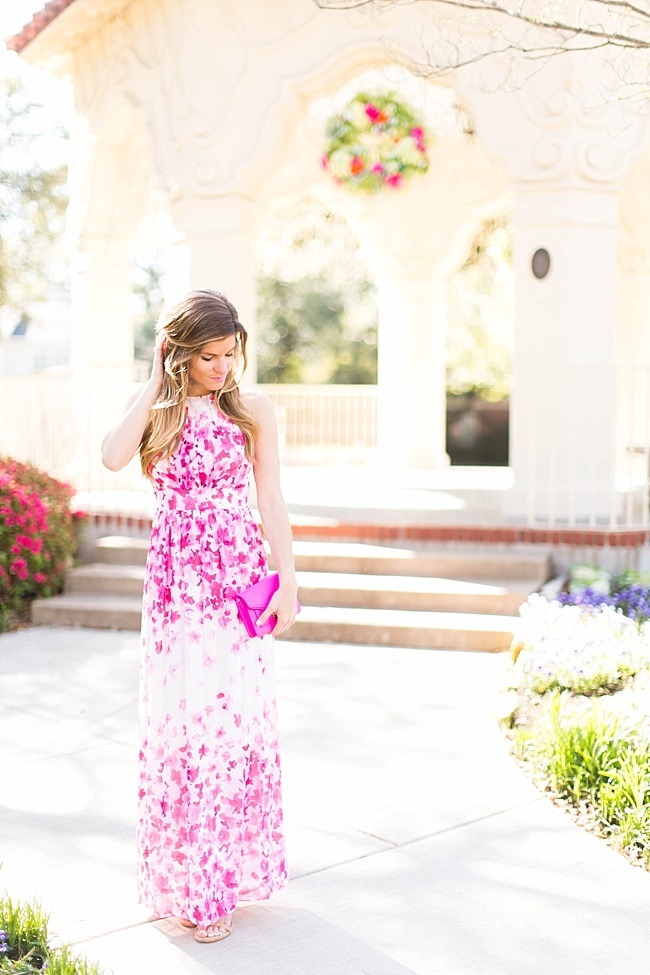 Brighton the day styling pink and white maxi dress and hot pink clutch 