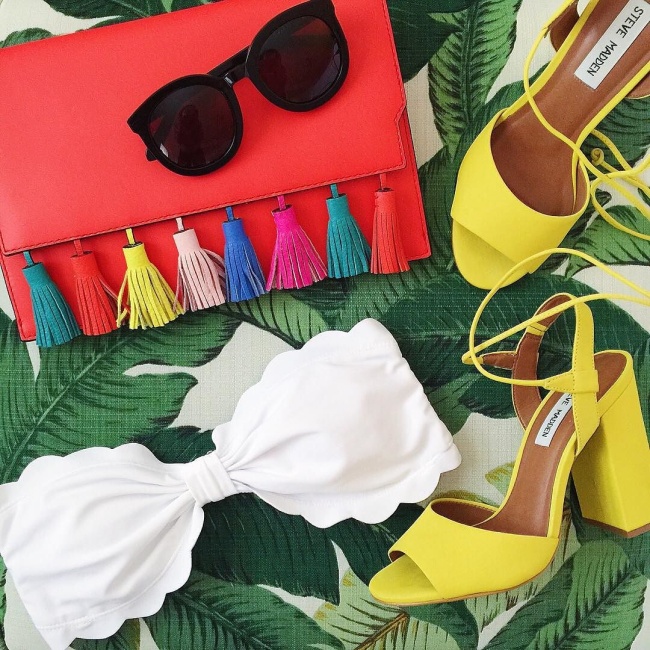 brightonkeller instagram spring break essentials - scallop bikini top, fringe rebecca minkoff bag, neon yellow shoes