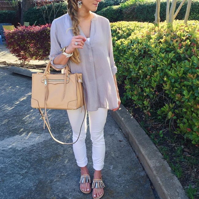 brightontheday styling linen shirt with white jeans and rebecca minkoff tassel sandals and nude satchel