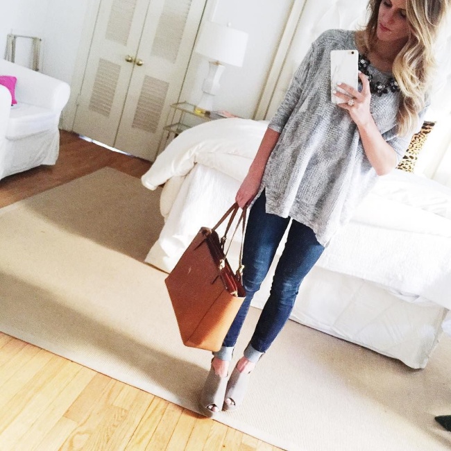 Brightontheday wearing grey sweater with jeans and peep toe wedges for transitional spring outfit 