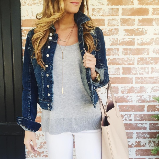@brightonkeller ootd in casual grey crew neck sweater and denim jacket with delicate gold layered necklaces