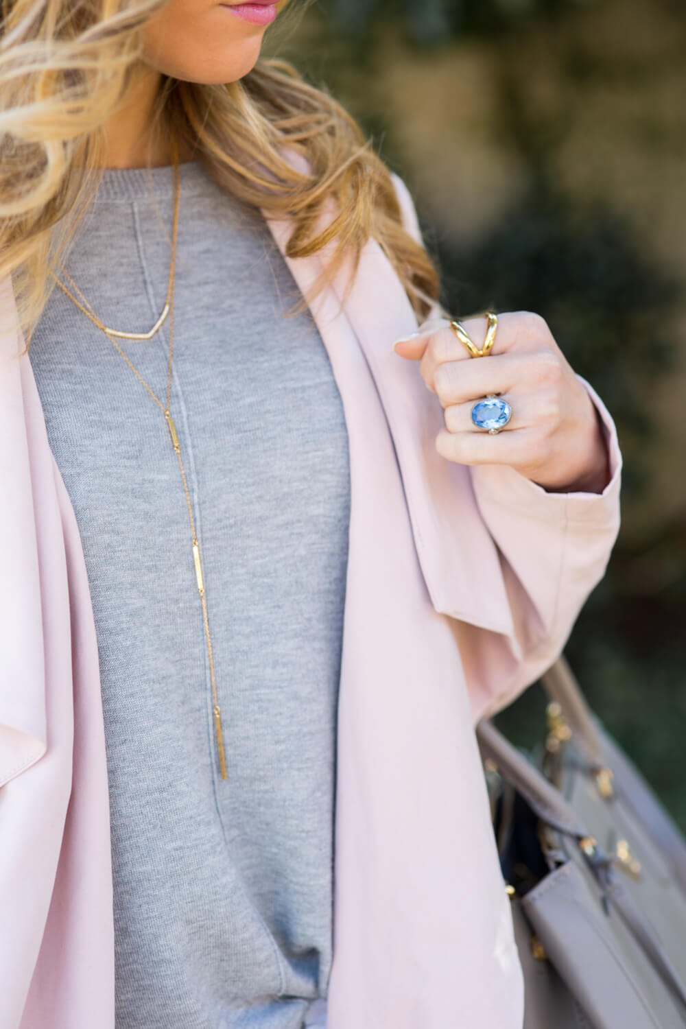 grey sweater + delicate gold necklaces 