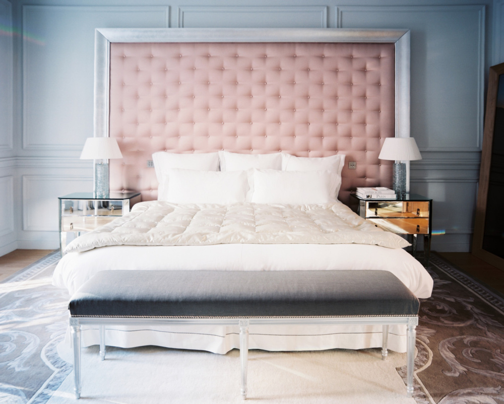 blush pink headboard mirrored side tables lonny march 2011