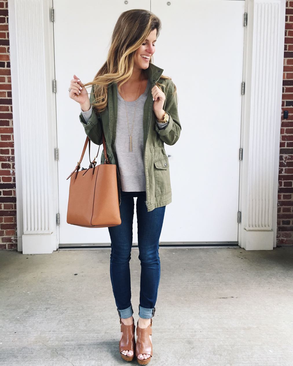 @brightonkeller #OOTD wearing grey sweater utility jacket blue jeans and cognac wedges with tory burch york tote // fall outfit ideas // transitional outfit for fall 